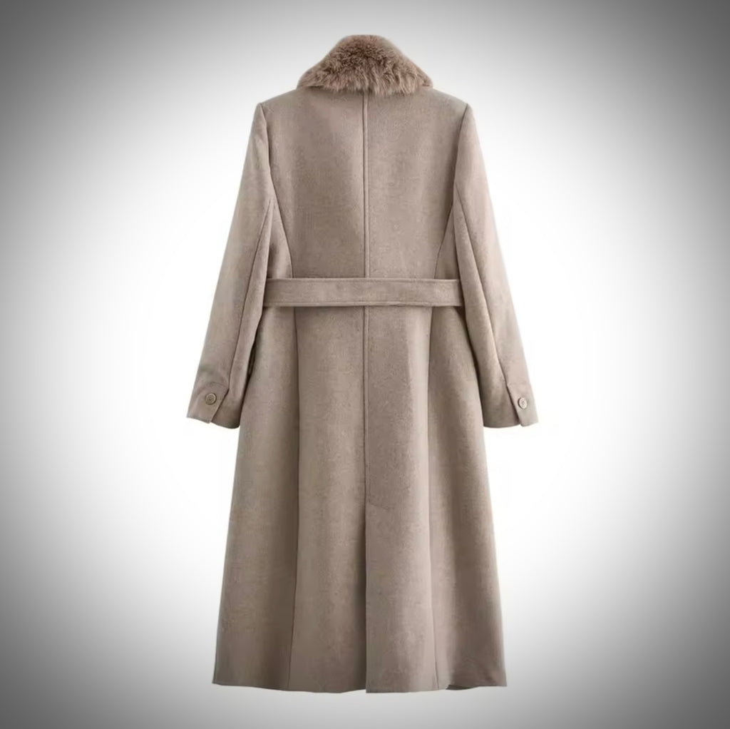 Women's Belt Warm Fur Collar Coat Flip Collar Pocket Button Decoration Autumn/Winter New Women's Wear