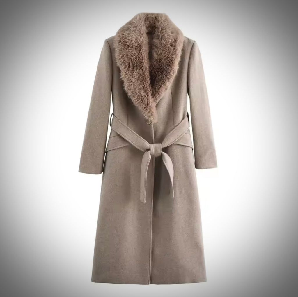 Women's Belt Warm Fur Collar Coat Flip Collar Pocket Button Decoration Autumn/Winter New Women's Wear