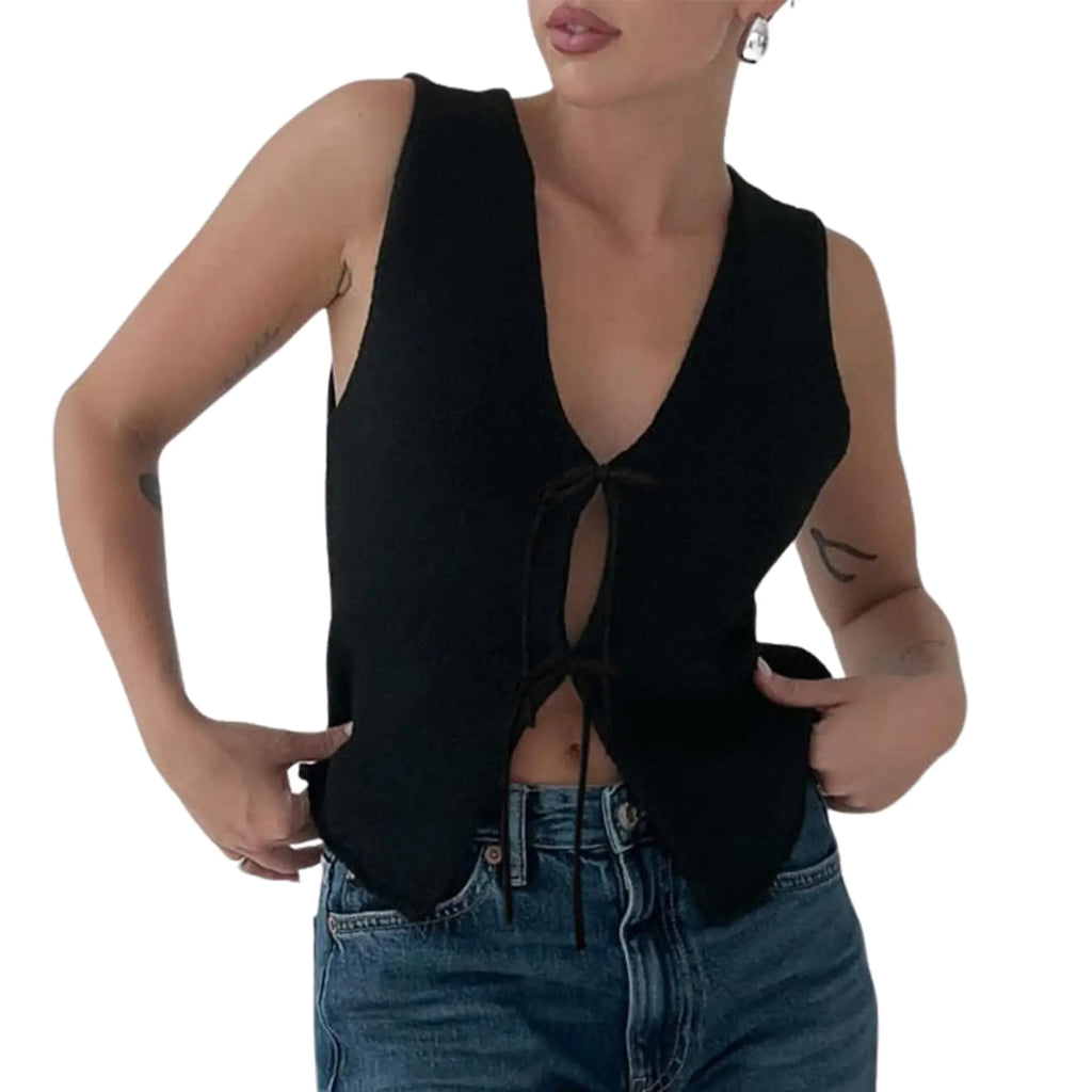 Women's V-Neck Crochet Tie Vest